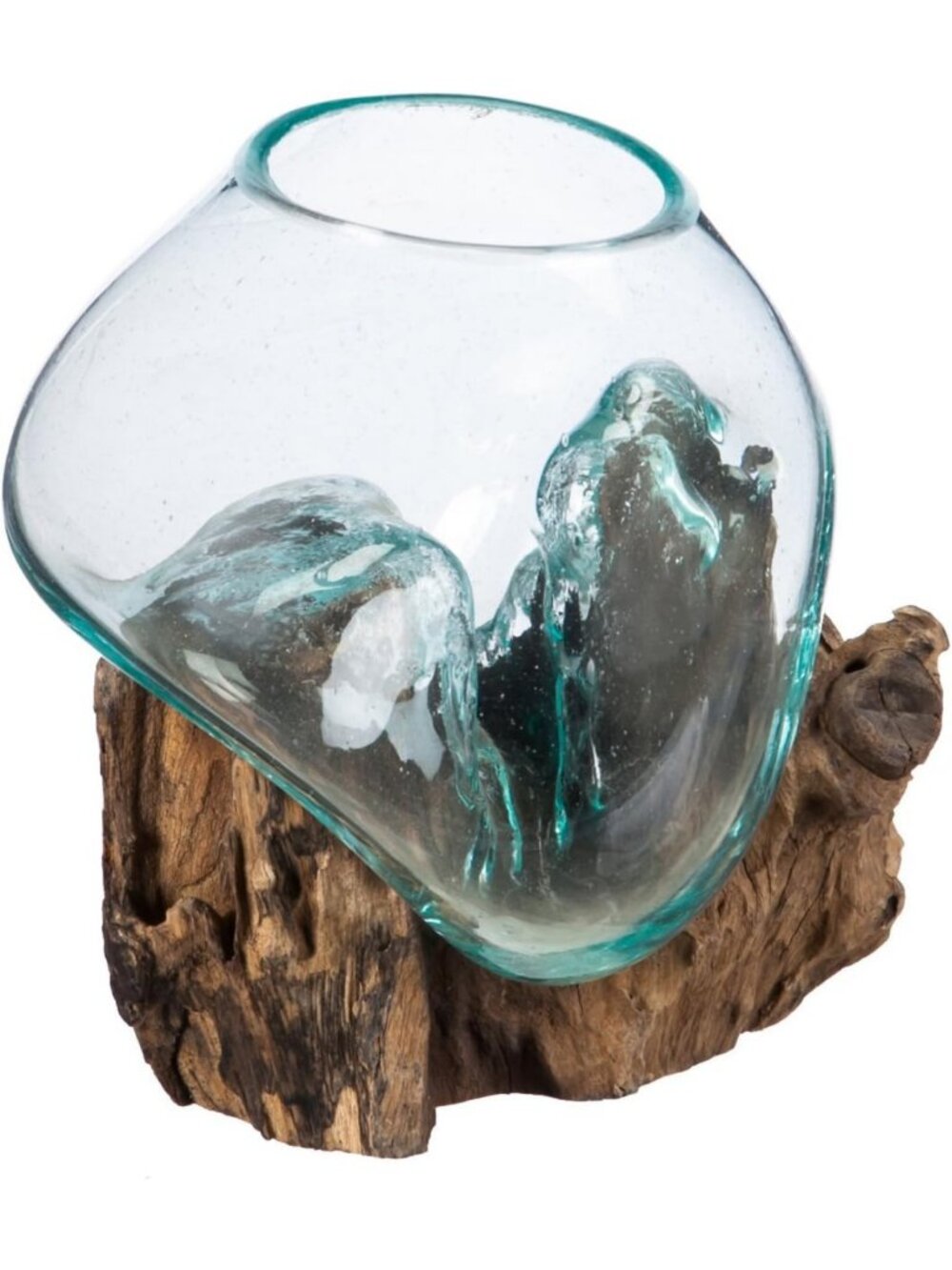 Hand-Blown Blue Tinted Bubble Glass Terrarium Kit on Natural Teak Stand | Indoor